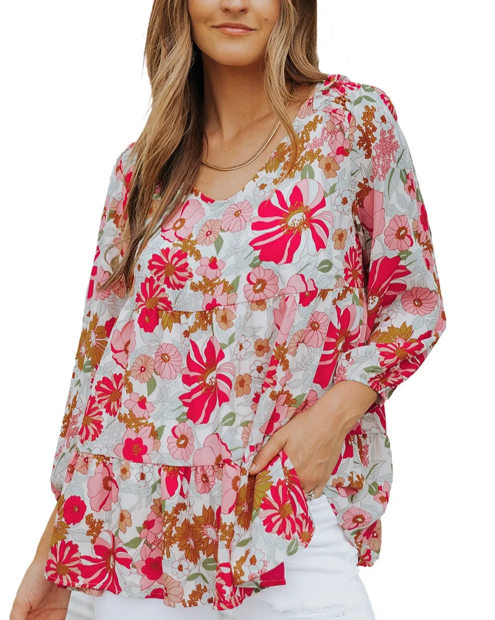 Floral 3/4 Sleeve Babydoll Blouse