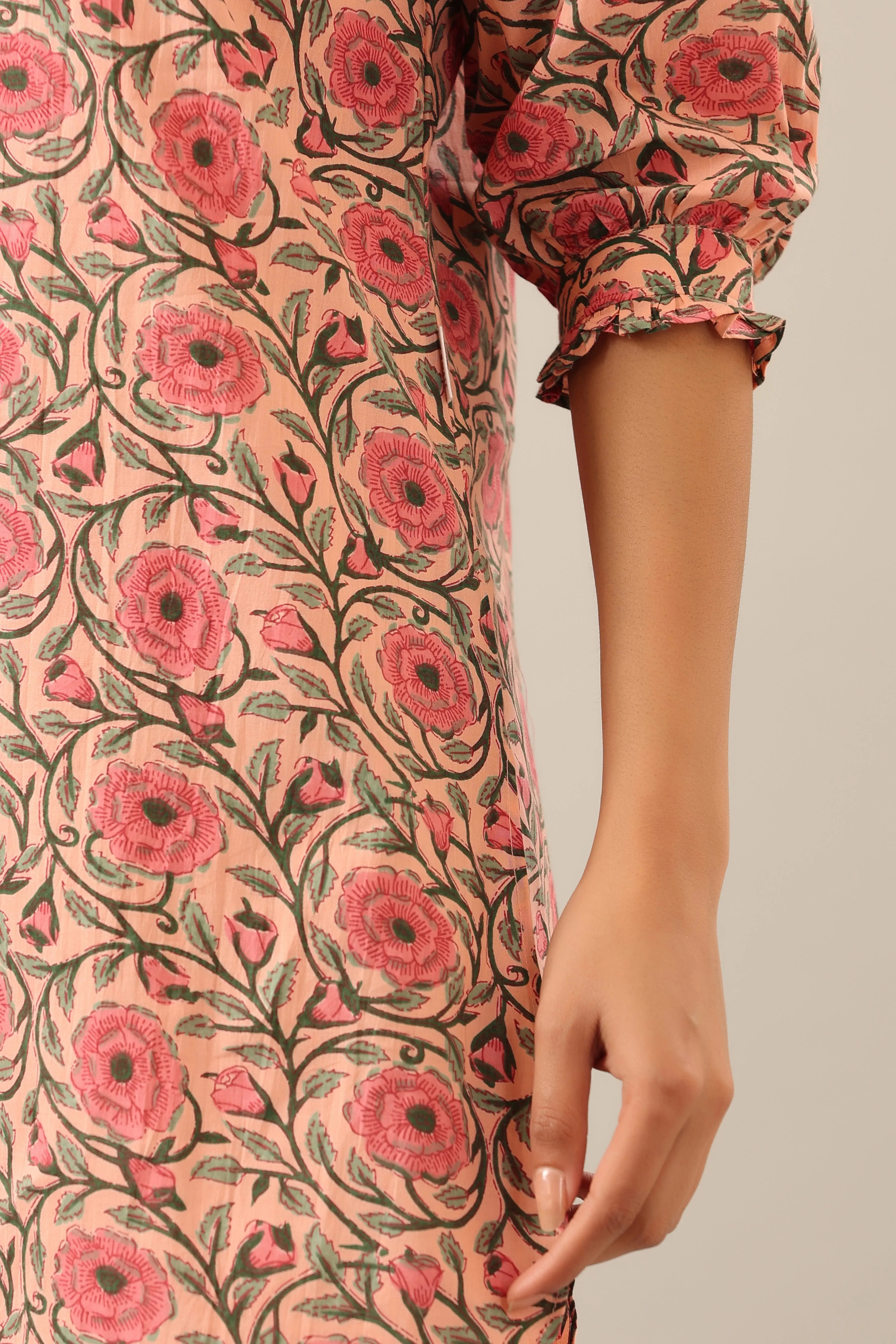 Floral Mosaic on Pink Collared Smoked Sleeves Palazzo Loungewear Set