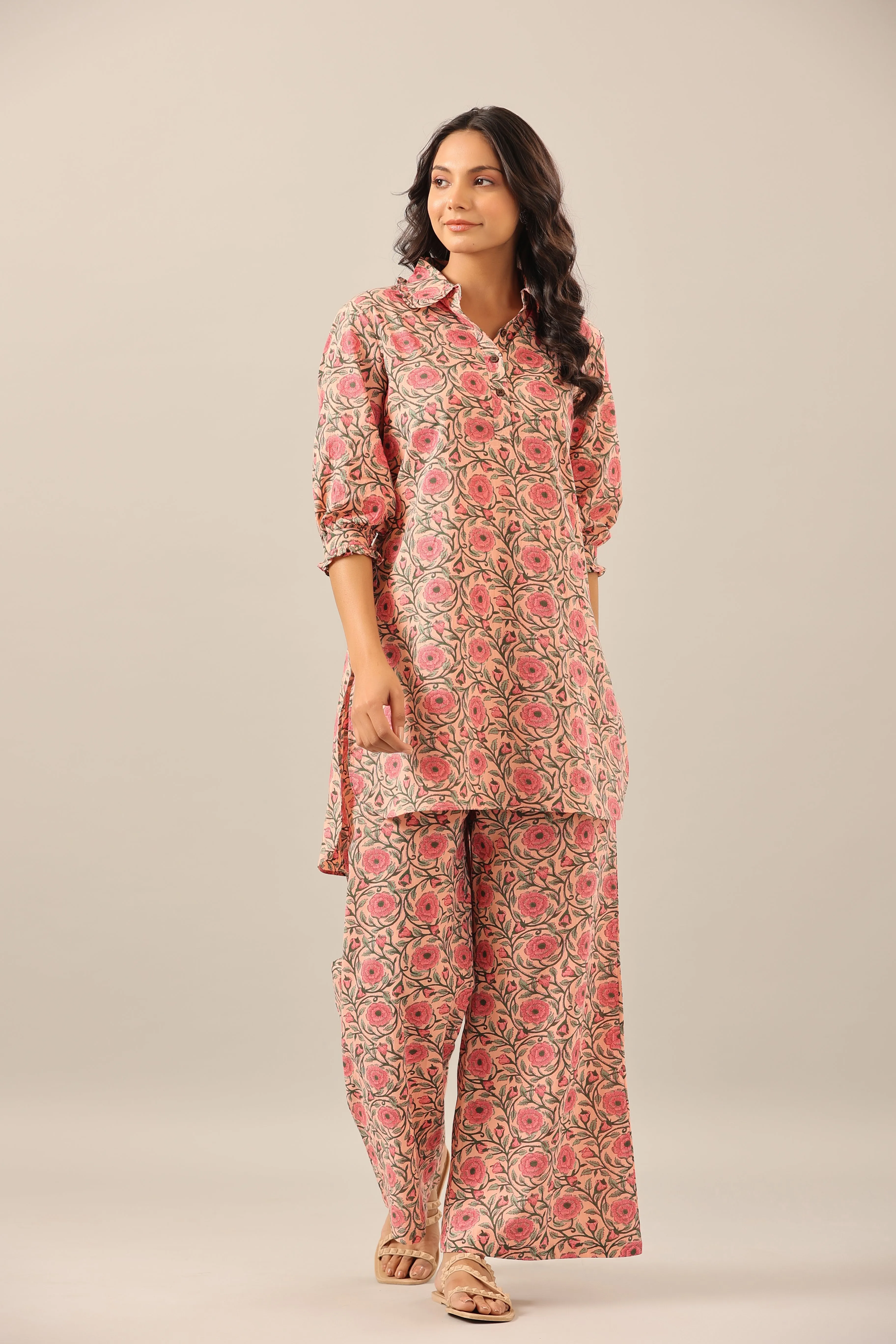 Floral Mosaic on Pink Collared Smoked Sleeves Palazzo Loungewear Set