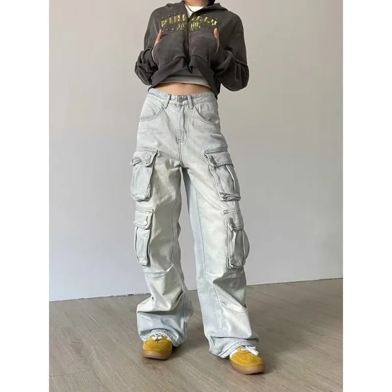 Flytonnshop concert outfit New Style Washed Retro Design Multi-Pocket Overalls Women's Fashionable Straight Loose Mop Jeans