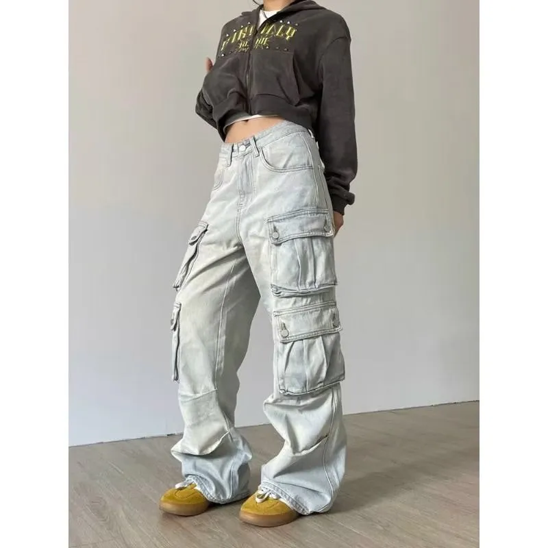 Flytonnshop concert outfit New Style Washed Retro Design Multi-Pocket Overalls Women's Fashionable Straight Loose Mop Jeans