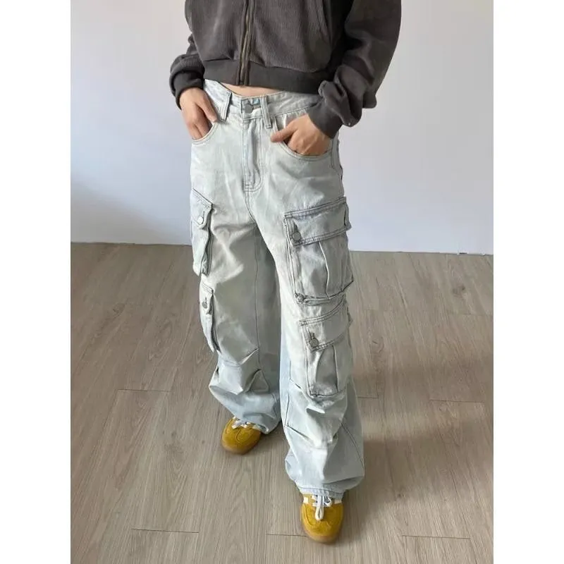 Flytonnshop concert outfit New Style Washed Retro Design Multi-Pocket Overalls Women's Fashionable Straight Loose Mop Jeans