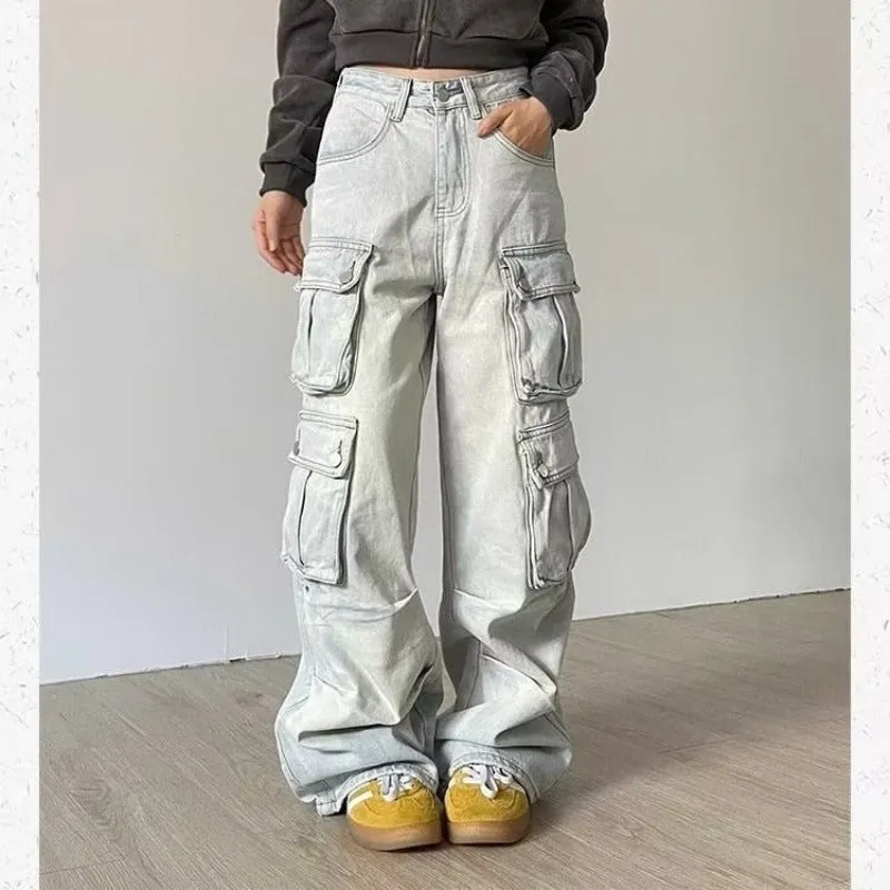 Flytonnshop concert outfit New Style Washed Retro Design Multi-Pocket Overalls Women's Fashionable Straight Loose Mop Jeans