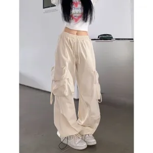 Girlary-shop picture day outfit highschool Apricot Overalls Women's Spring and Autumn Thin High Waist Wide Leg Straight Casual Design Quick-Drying American Retro Sports Pants