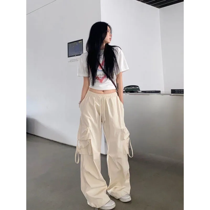 Girlary-shop picture day outfit highschool Apricot Overalls Women's Spring and Autumn Thin High Waist Wide Leg Straight Casual Design Quick-Drying American Retro Sports Pants