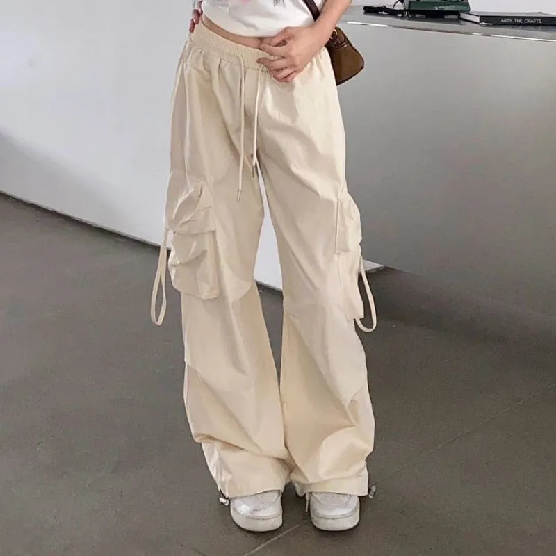 Girlary-shop picture day outfit highschool Apricot Overalls Women's Spring and Autumn Thin High Waist Wide Leg Straight Casual Design Quick-Drying American Retro Sports Pants