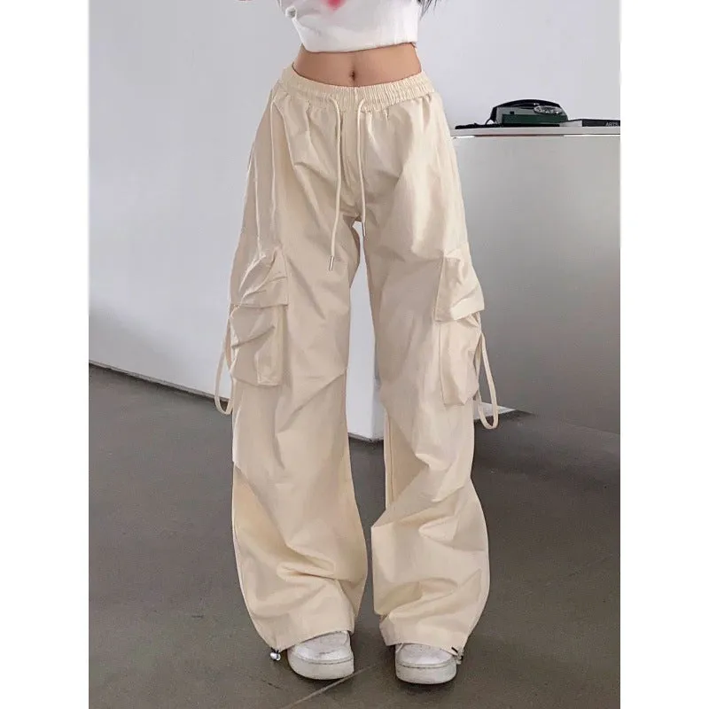 Girlary-shop picture day outfit highschool Apricot Overalls Women's Spring and Autumn Thin High Waist Wide Leg Straight Casual Design Quick-Drying American Retro Sports Pants