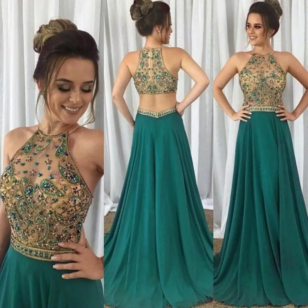 halter green prom dresses long chiffon beaded elegant simple prom gown 2020 senior formal dresses