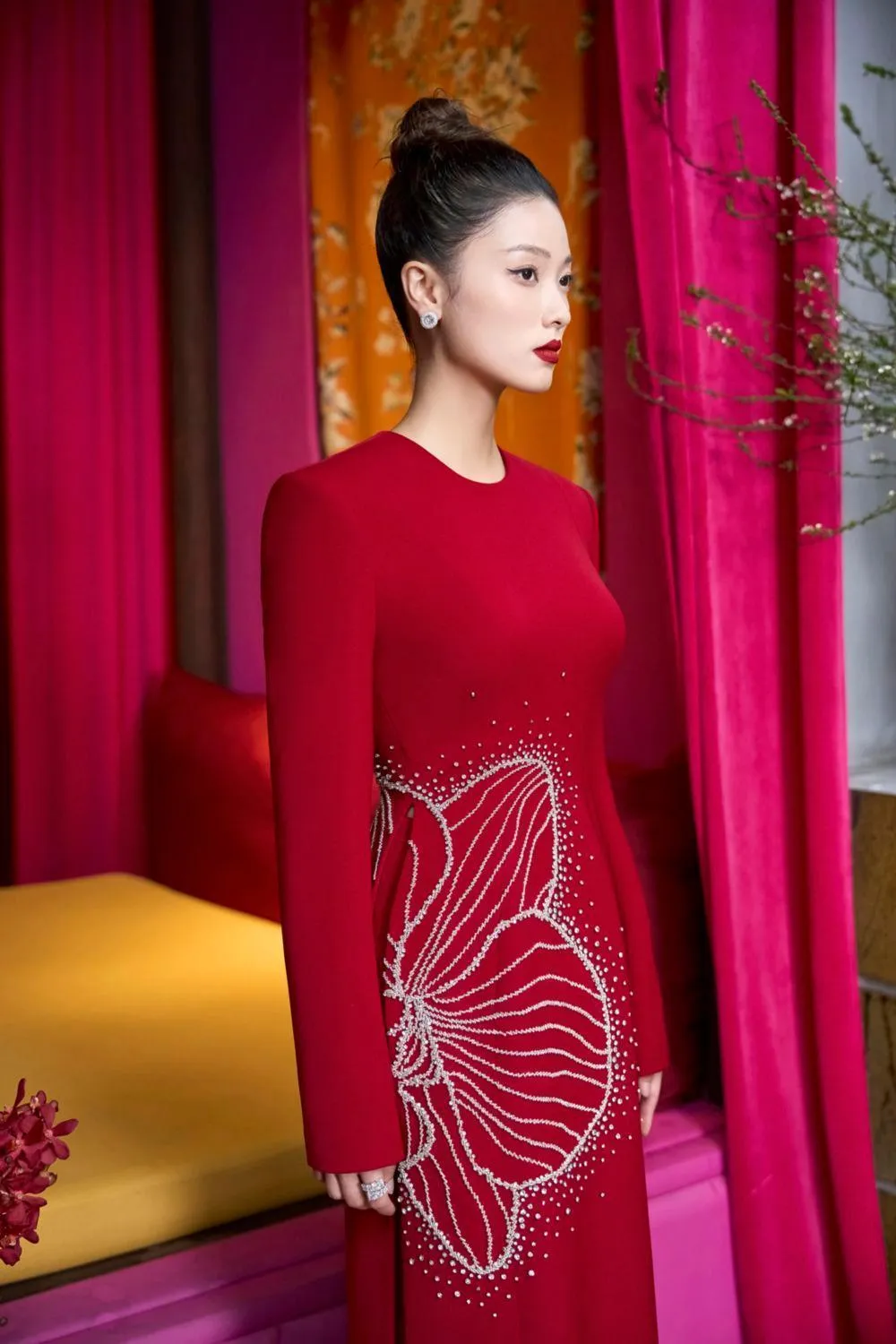 Heritg Sheath Long Sleeved Velvet Satin Floor Length Ao Dai