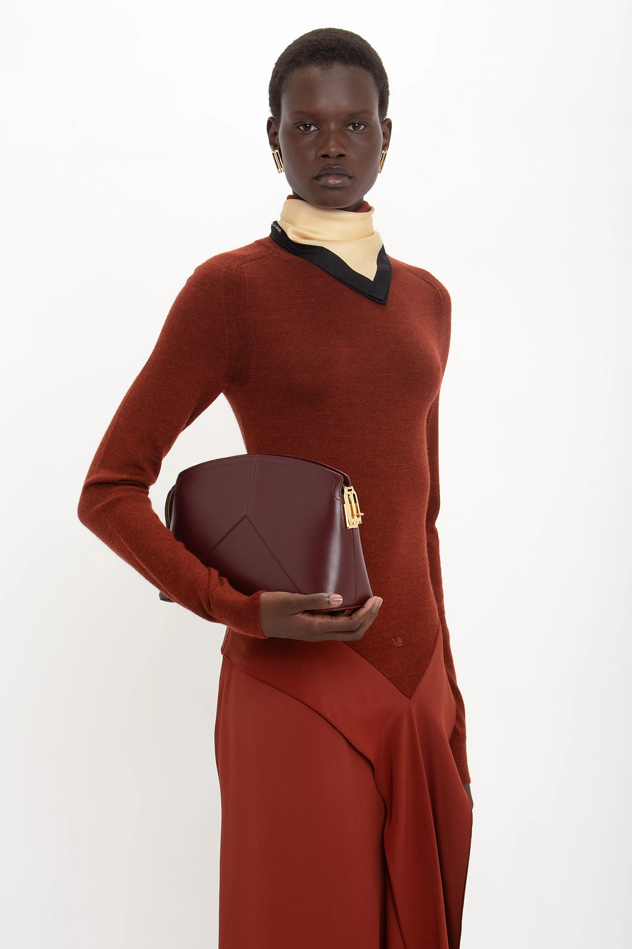 High Neck Tie Detail Dress In Russet