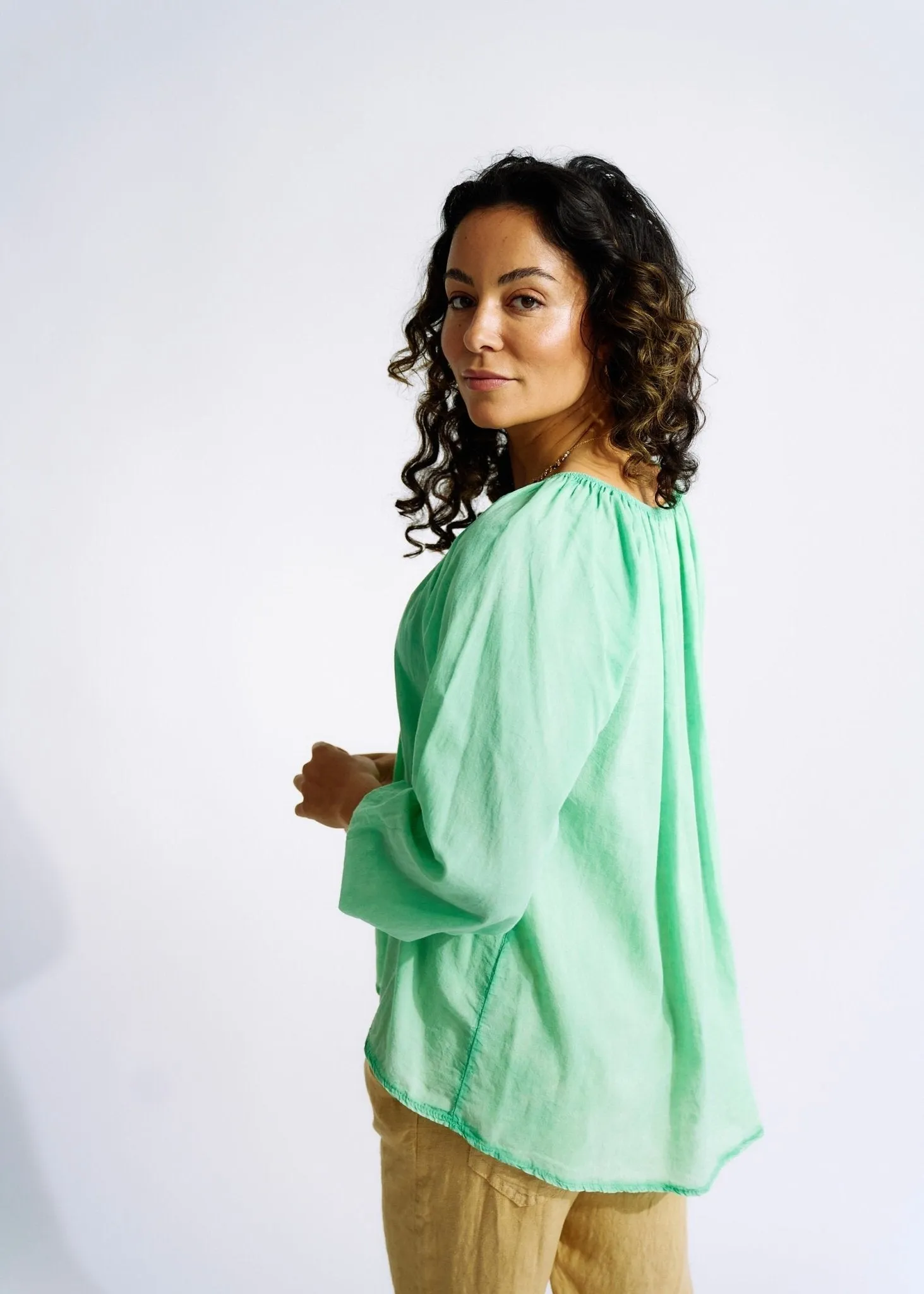 Italian Stonewashed Peasant Blouse in Summer Green