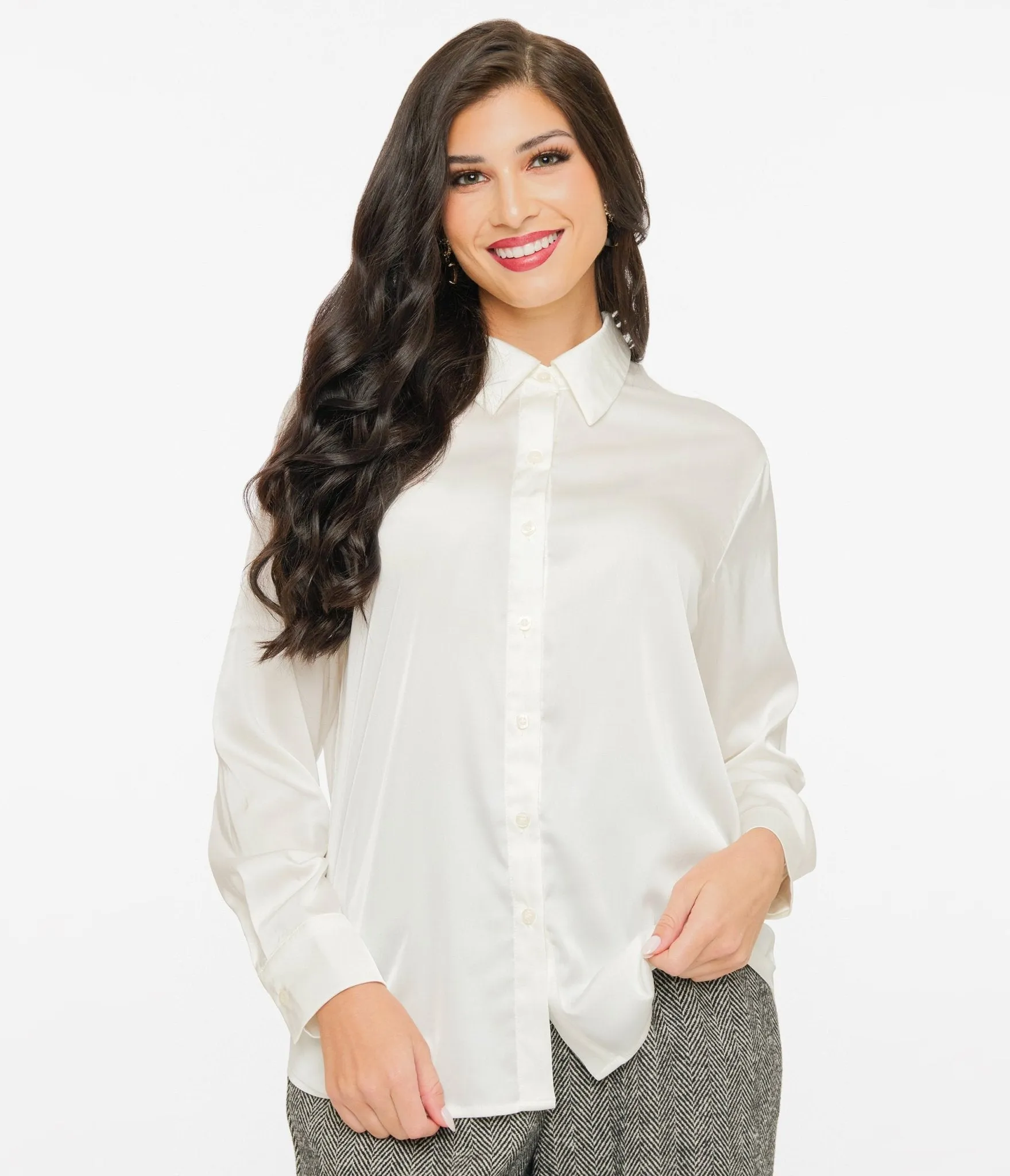 Ivory Satin Charmeuse Button Front Blouse