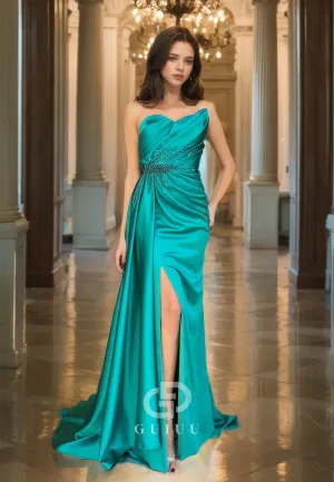 Jade Draped Trumpet Prom Dress Beaded Simple & Casual Strapless Evening Dress with Sweep Train