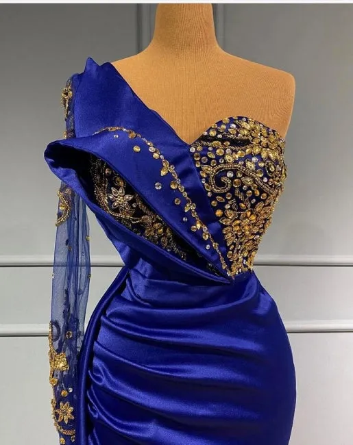 kamahe Elgeant Royal Blue One Shoulder Mermaid Prom Dresses with Sleeves