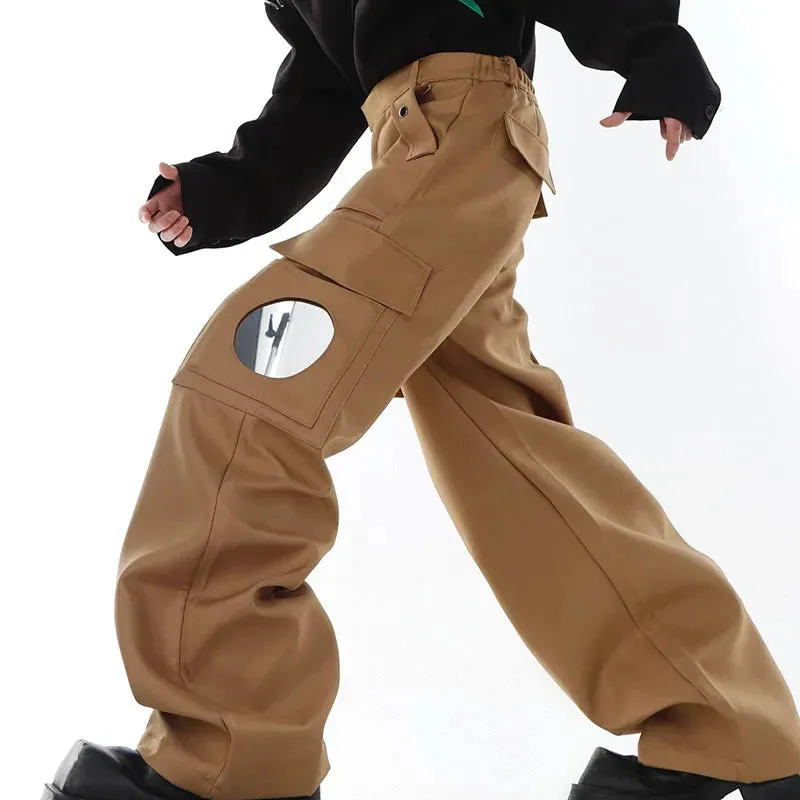 Large Pocket Cargo Pants Niche Personality Mirror Splicing Design Trousers Loose High Street Male Straight Overalls 9A6994