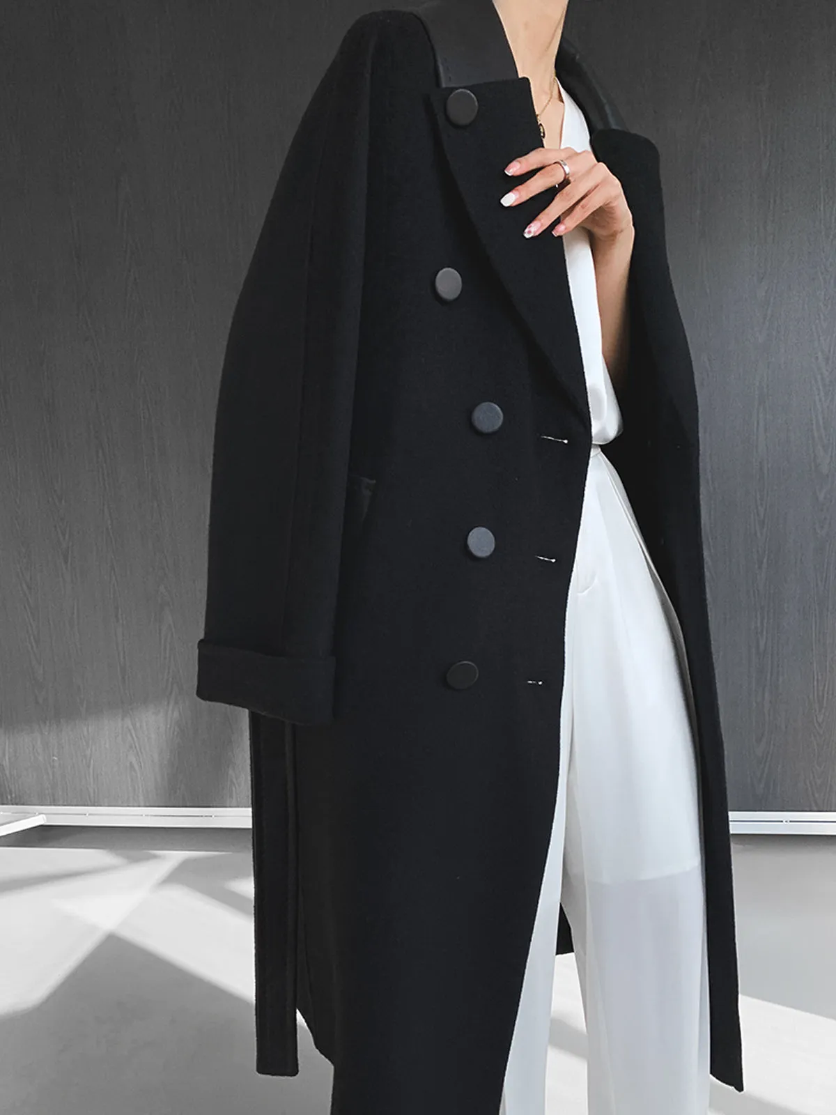 Leather Double Face Wool Wrap Long Coat - Black