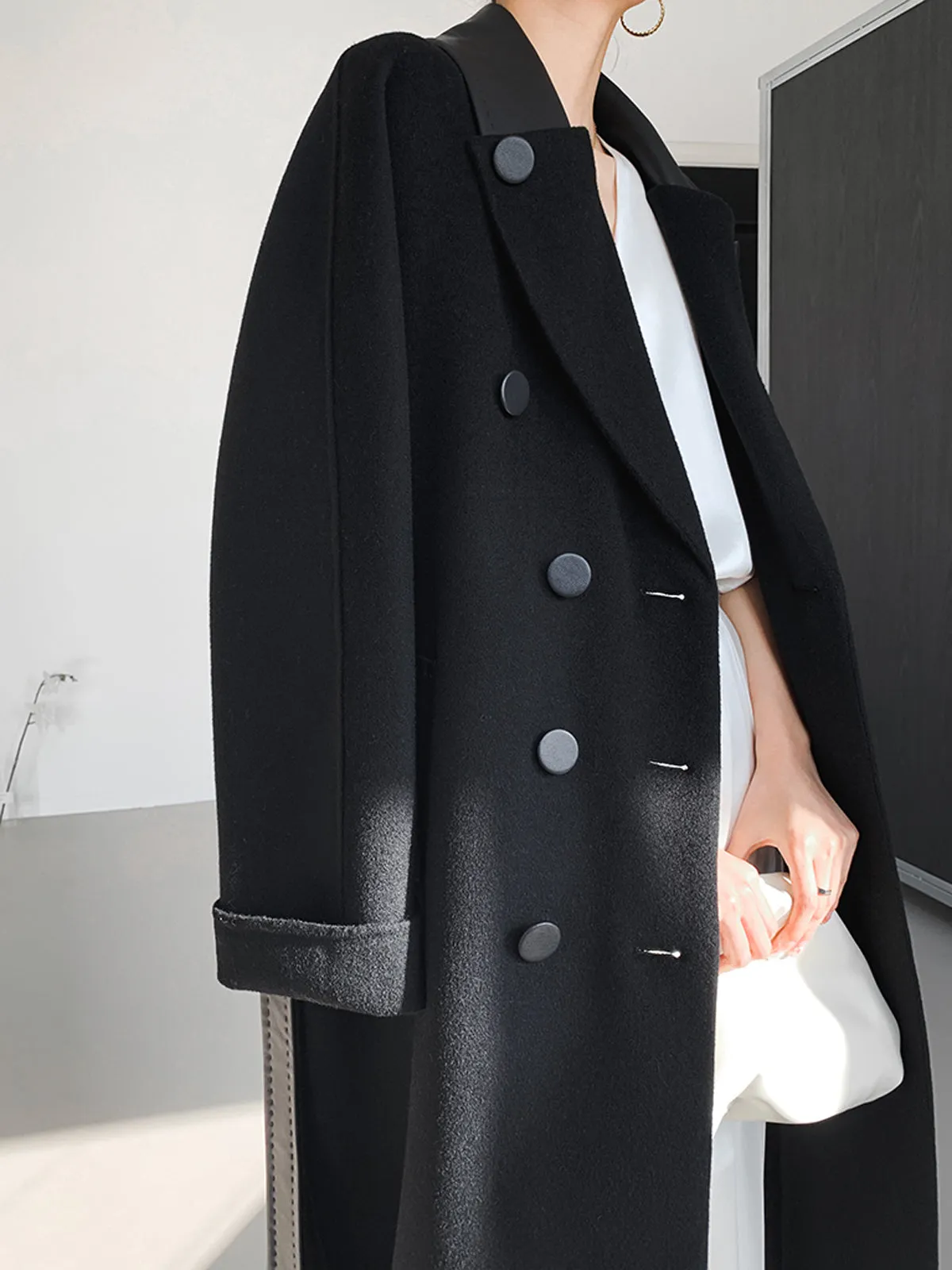 Leather Double Face Wool Wrap Long Coat - Black