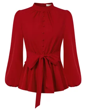 Long Sleeve Bow Tie Blouse Peplum Puff Sleeve Work Empire Waist Tops