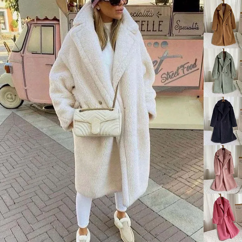 Luxe LSS Lapel Lamb Fleece Coat With Pockets Faux Fur Coat Winter Warm Thickening Long Windbreaker Women's Clothing