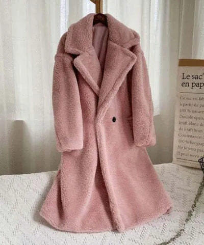 Luxe LSS Lapel Lamb Fleece Coat With Pockets Faux Fur Coat Winter Warm Thickening Long Windbreaker Women's Clothing