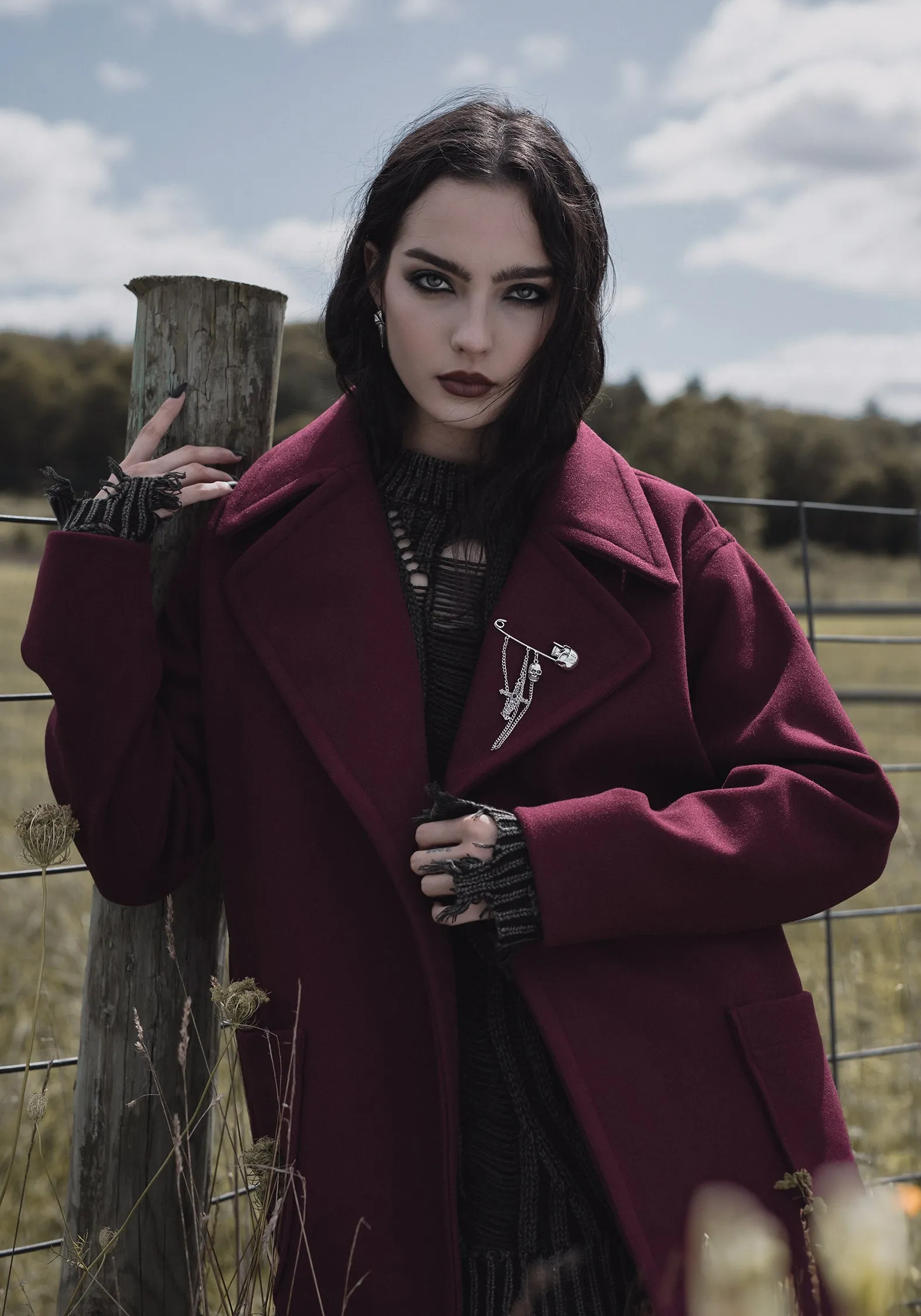 Meltdown Oversized Coat with Brooch - Red