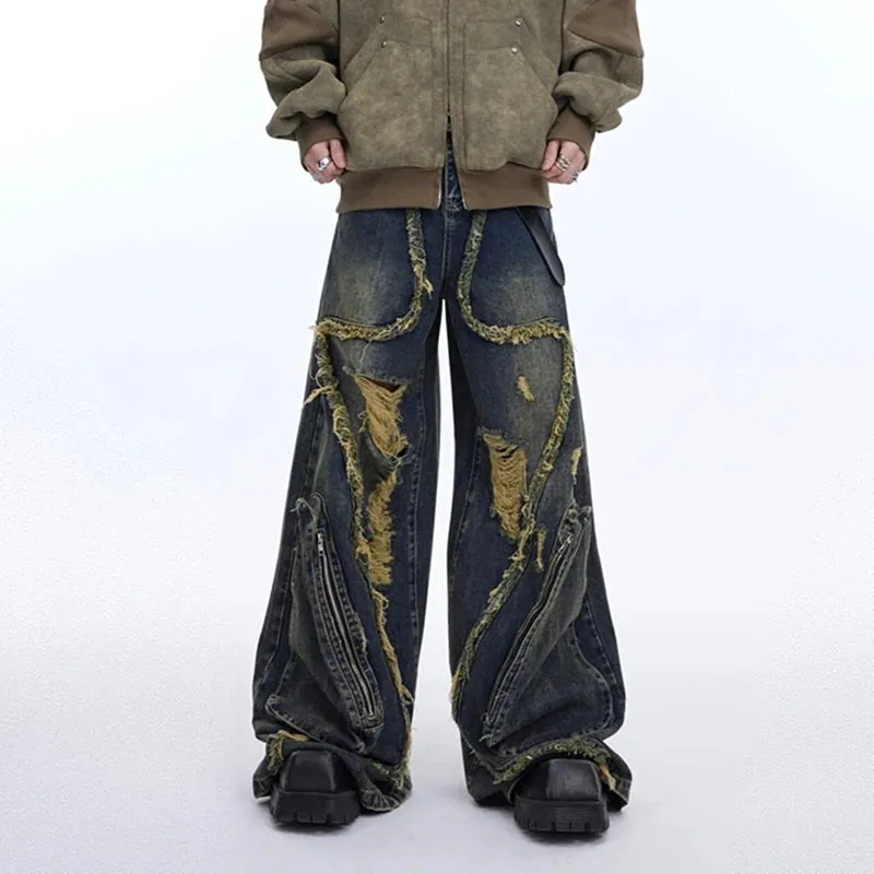 Men's Wear High Street Male Jeans Tassels Hole Design Vintage Worn-out Big Pocket Overalls Autumn Male Trousers 9C6767