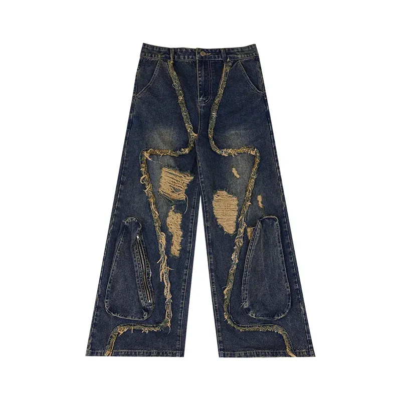 Men's Wear High Street Male Jeans Tassels Hole Design Vintage Worn-out Big Pocket Overalls Autumn Male Trousers 9C6767