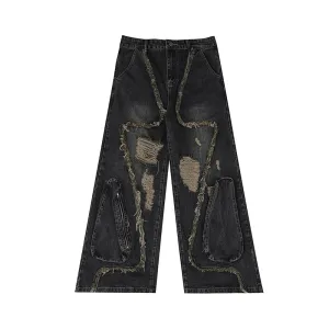 Men's Wear High Street Male Jeans Tassels Hole Design Vintage Worn-out Big Pocket Overalls Autumn Male Trousers 9C6767