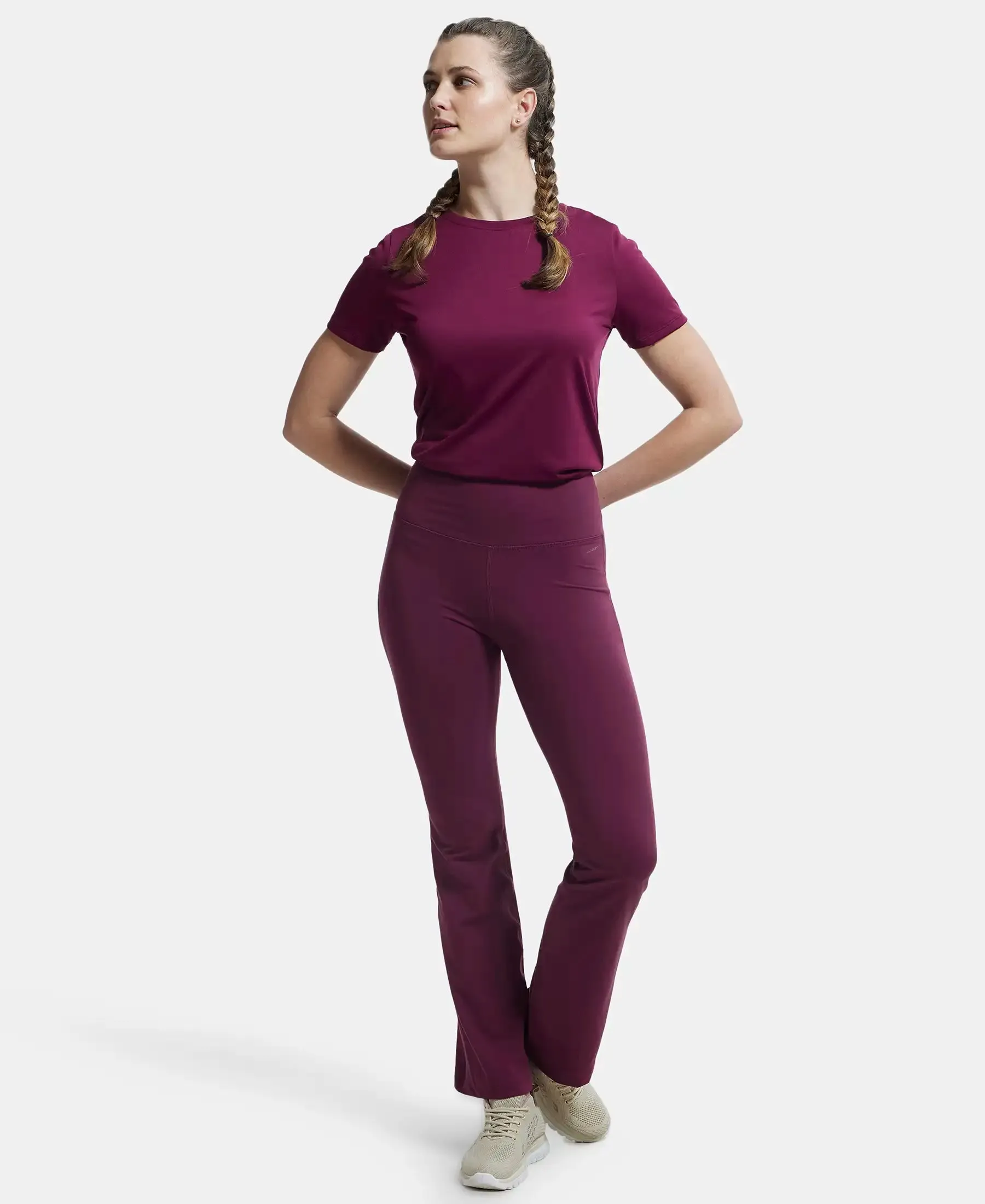 Microfiber Elastane Stretch Regular Fit Flared Pants with StayFresh Treatment - Grape Wine