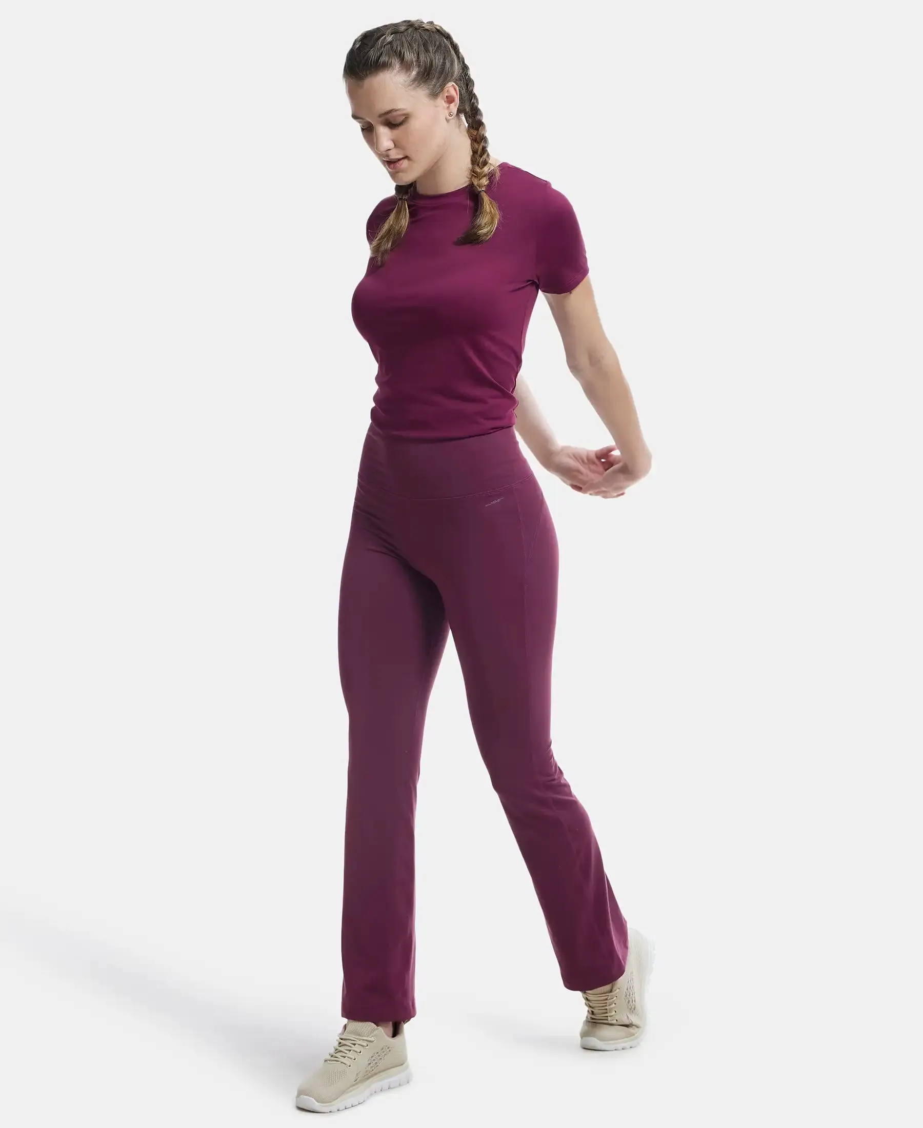 Microfiber Elastane Stretch Regular Fit Flared Pants with StayFresh Treatment - Grape Wine