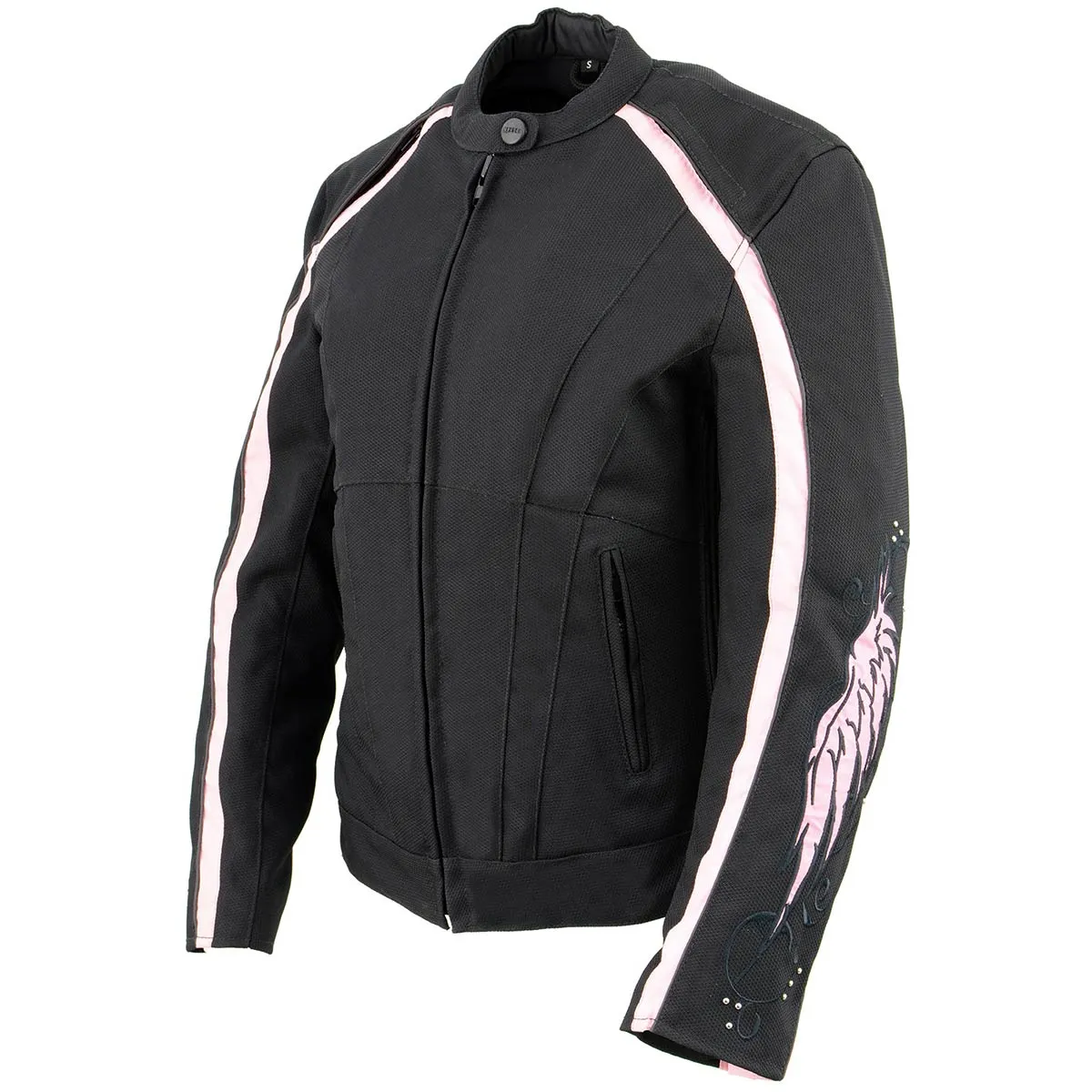 Milwaukee Leather SH1954 Women's Black and Pink Textile Jacket with Stud and Wings Detailing