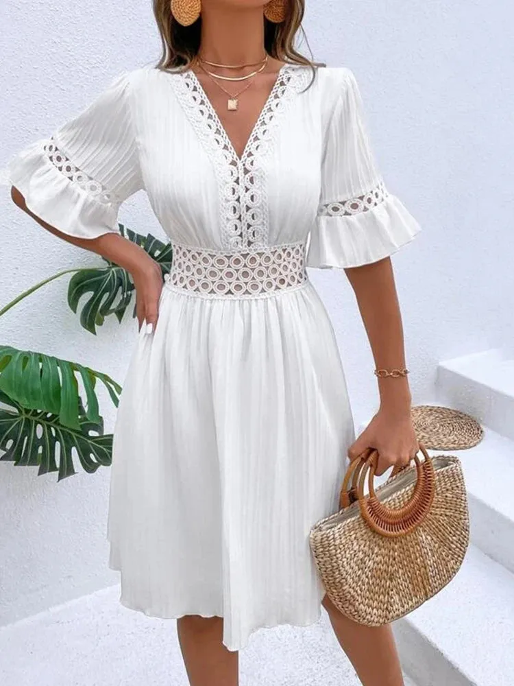 New women's fashion elegant casual V-neck woven hollow texture solid color simple waist dress