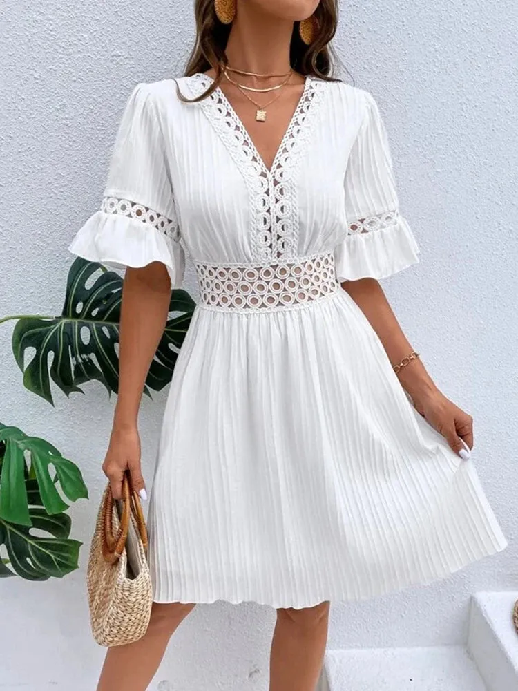 New women's fashion elegant casual V-neck woven hollow texture solid color simple waist dress