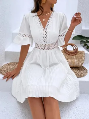 New women's fashion elegant casual V-neck woven hollow texture solid color simple waist dress