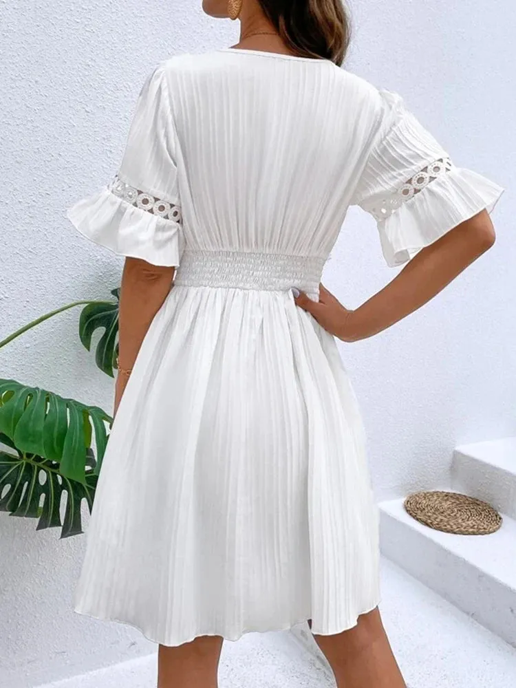 New women's fashion elegant casual V-neck woven hollow texture solid color simple waist dress