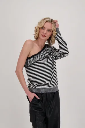 One Shoulder Ruffle Neck Stripe Sweater Top