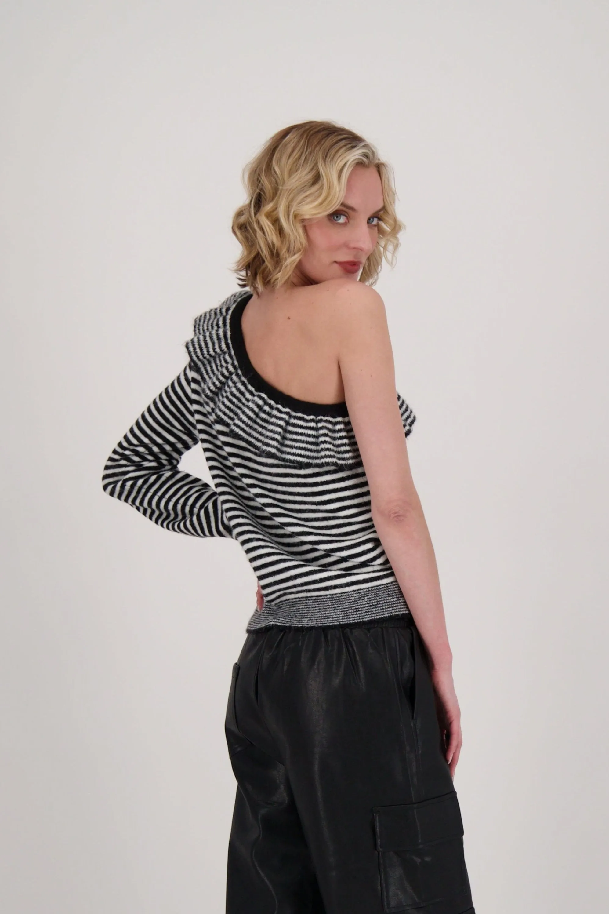 One Shoulder Ruffle Neck Stripe Sweater Top