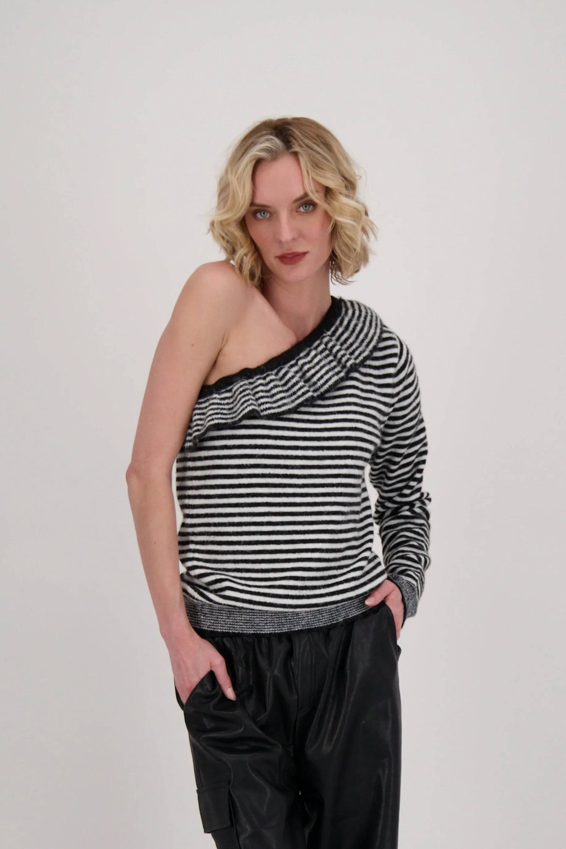 One Shoulder Ruffle Neck Stripe Sweater Top