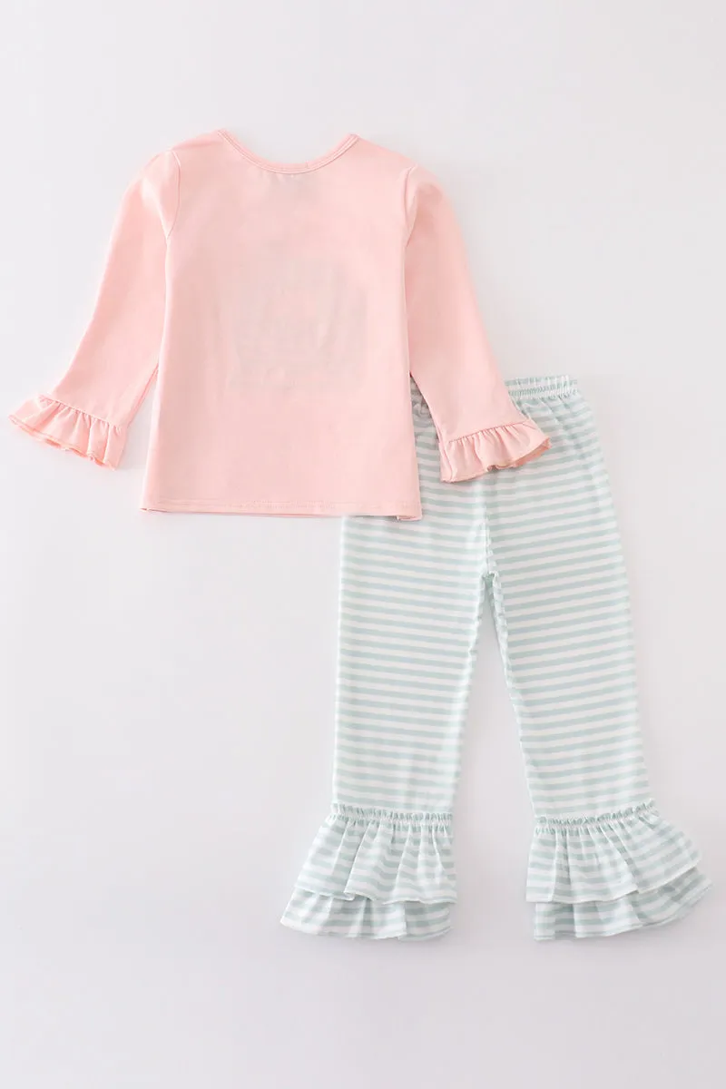 Pink noah's ark embroidery stripe girl set