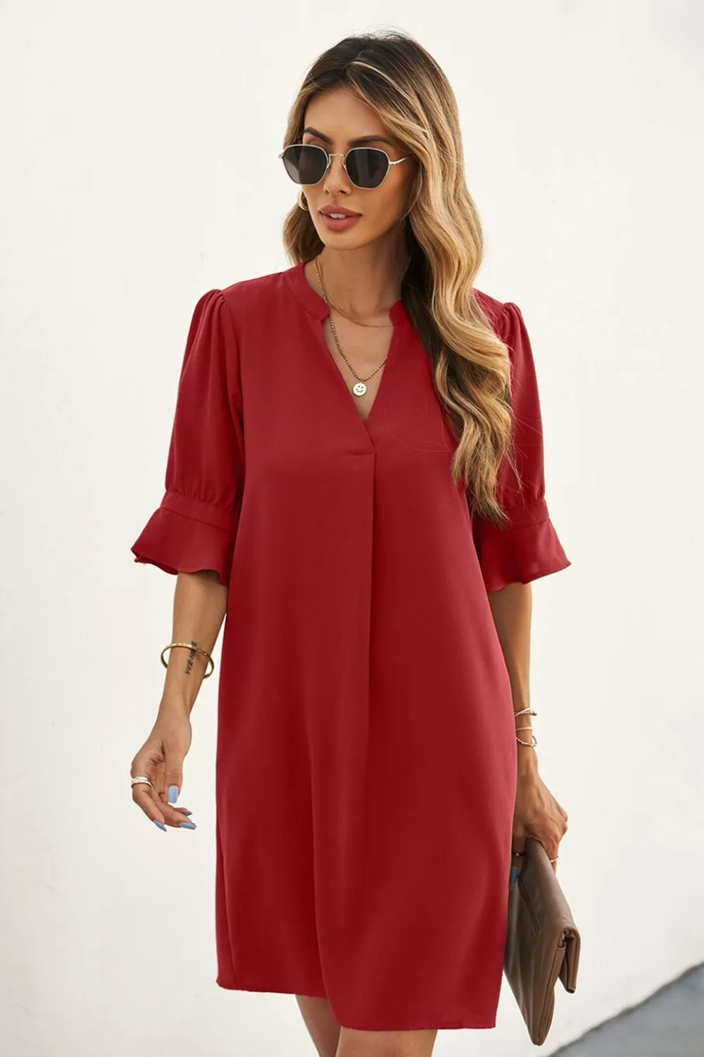 Puff Sleeve Notched Mini Shift Dress