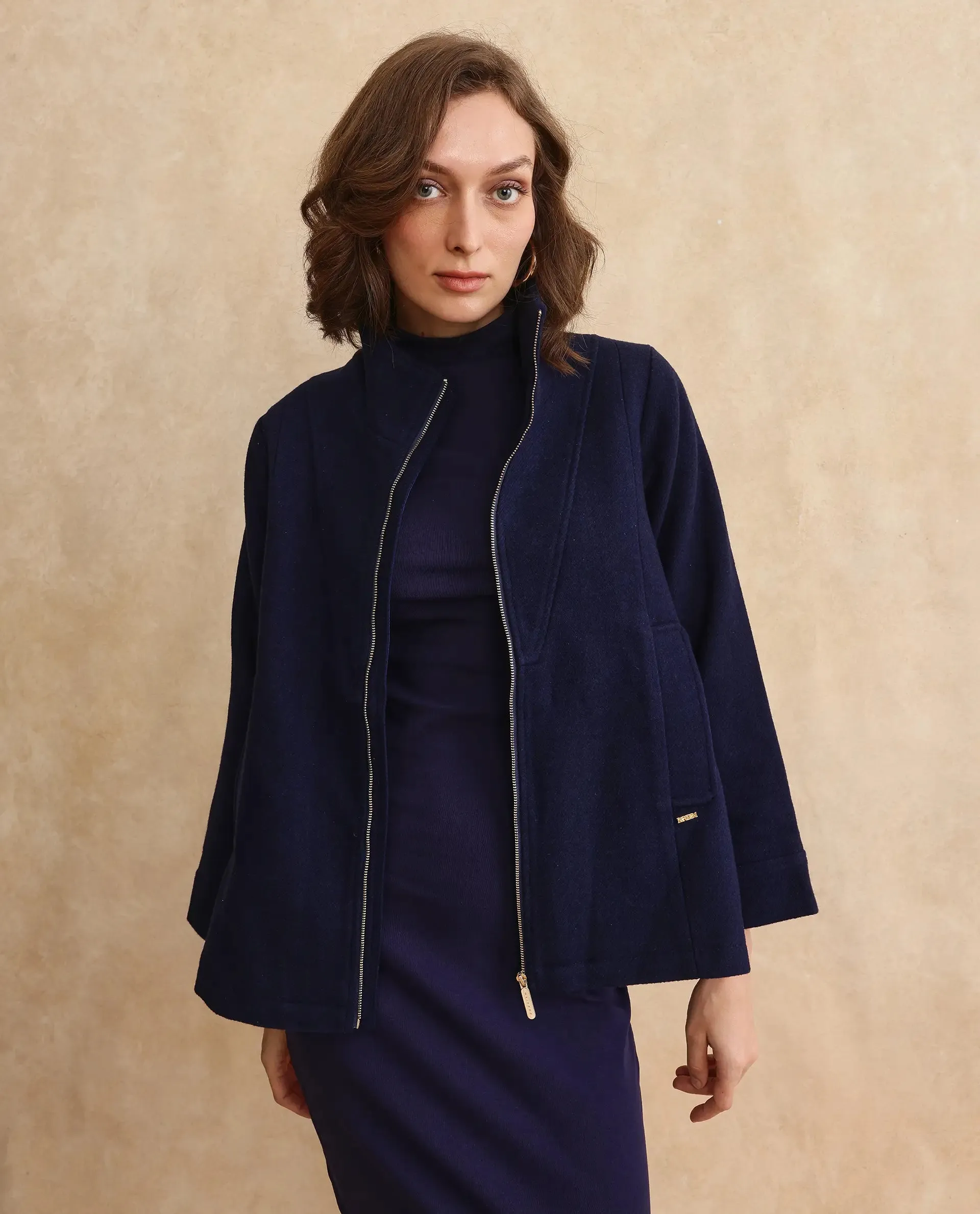 Rareism Women Whyla Navy Raglan Sleeves Stand Collar Zipper Closure Boxy Fit Plain Jacket