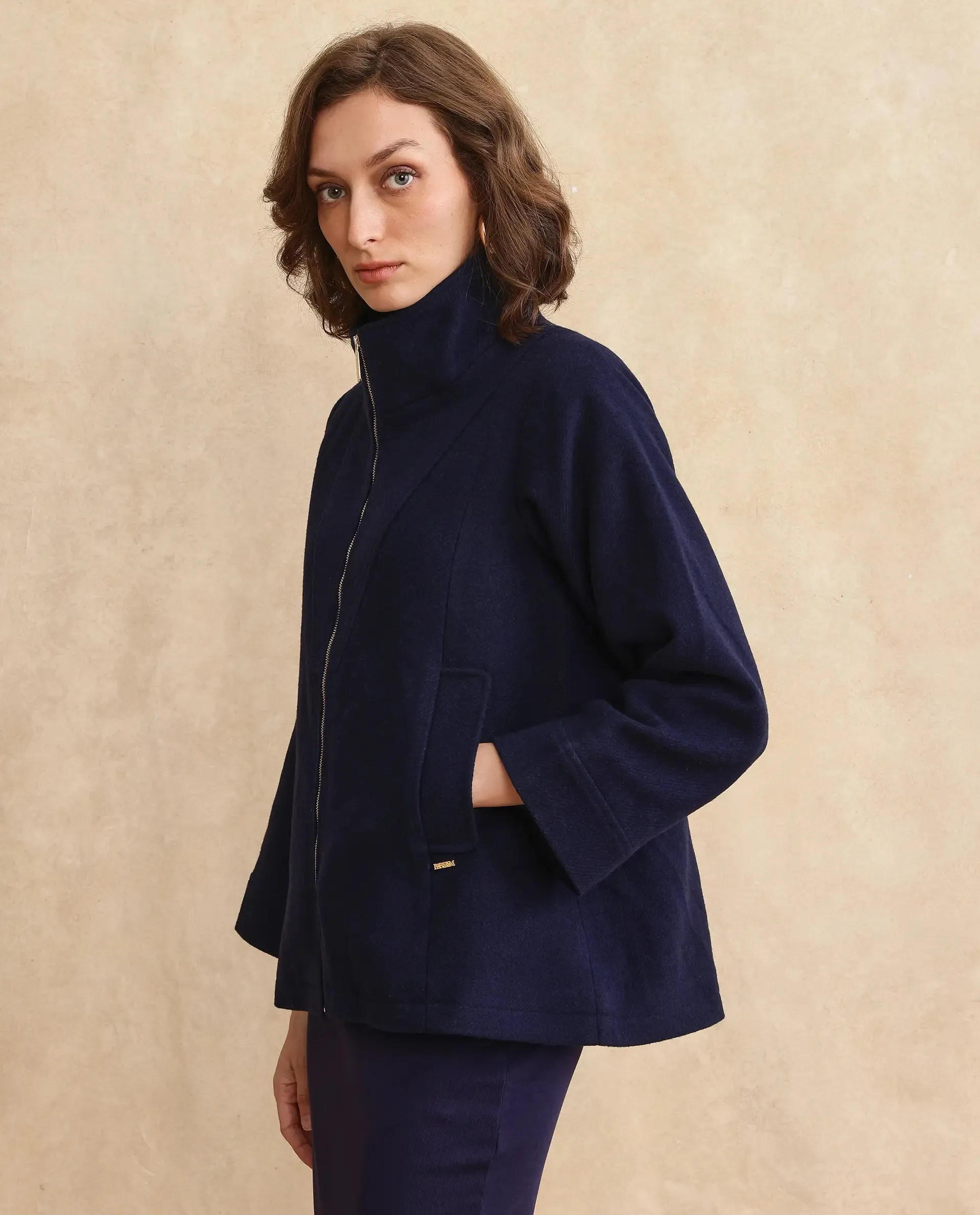 Rareism Women Whyla Navy Raglan Sleeves Stand Collar Zipper Closure Boxy Fit Plain Jacket