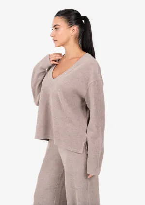 Rib Knit Lounge V-Neck LS Top Taupe FINAL SALE