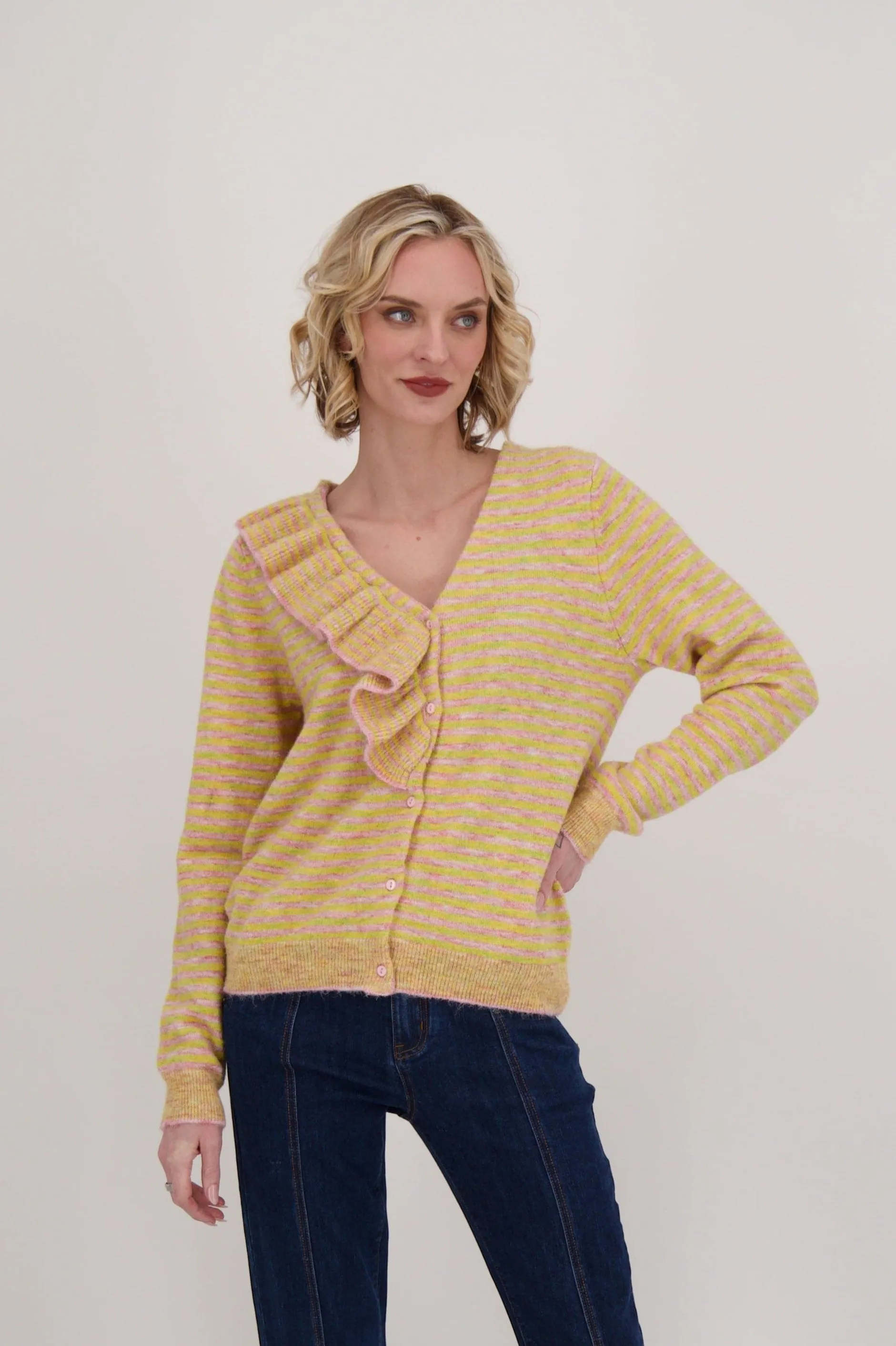 Ruffle Neck Stripe Sweater Top