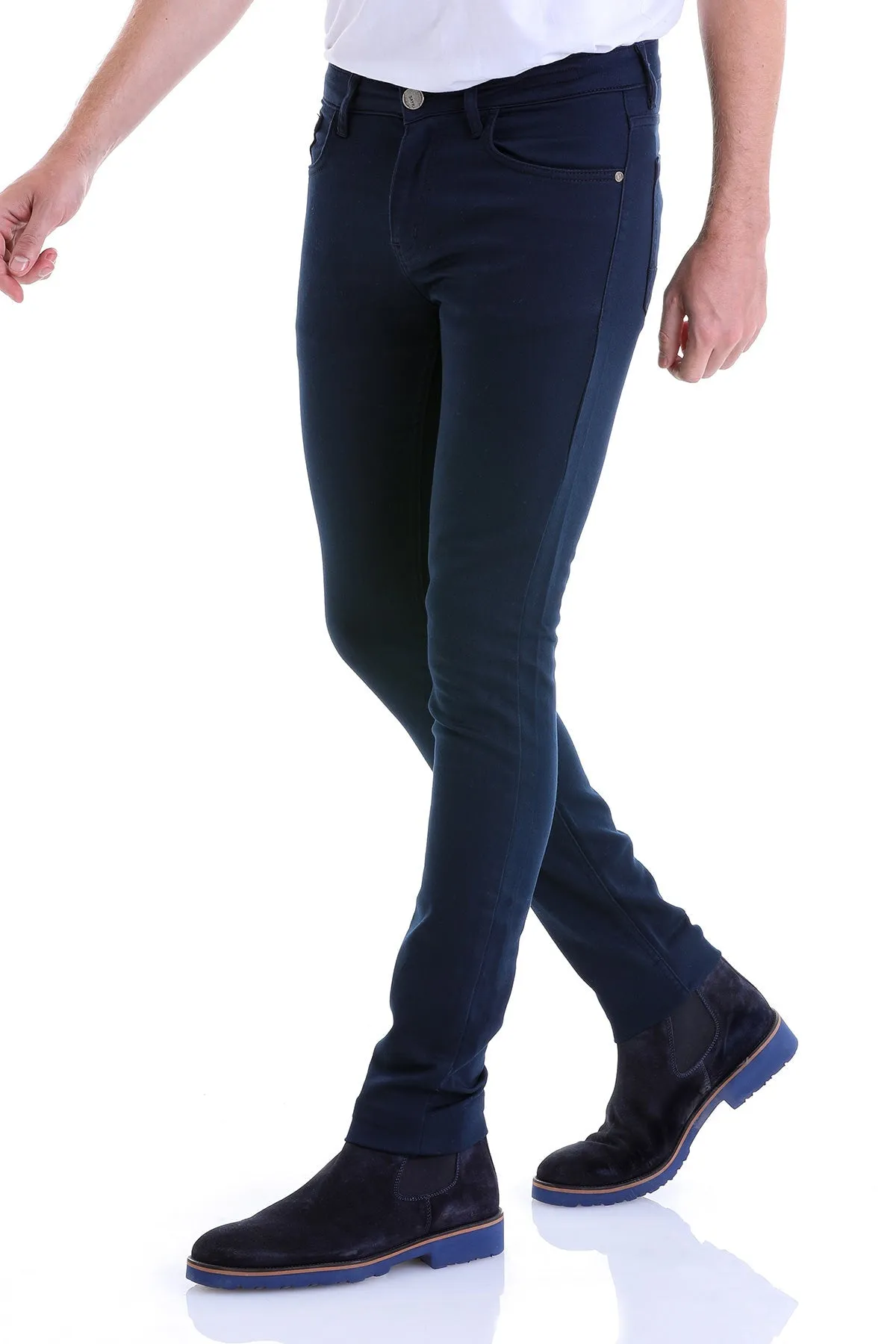 Slim Fit Navy 5 Pocket Low Waist Cotton Casual Pants