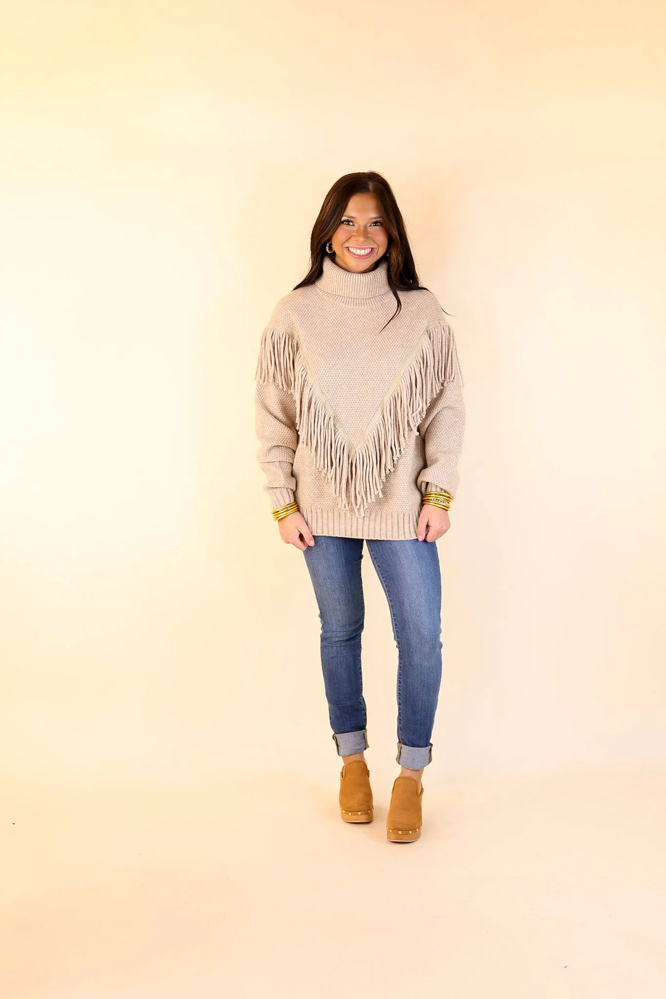 Snuggles And S'mores Turtle Neck Sweater with Fringe in Taupe