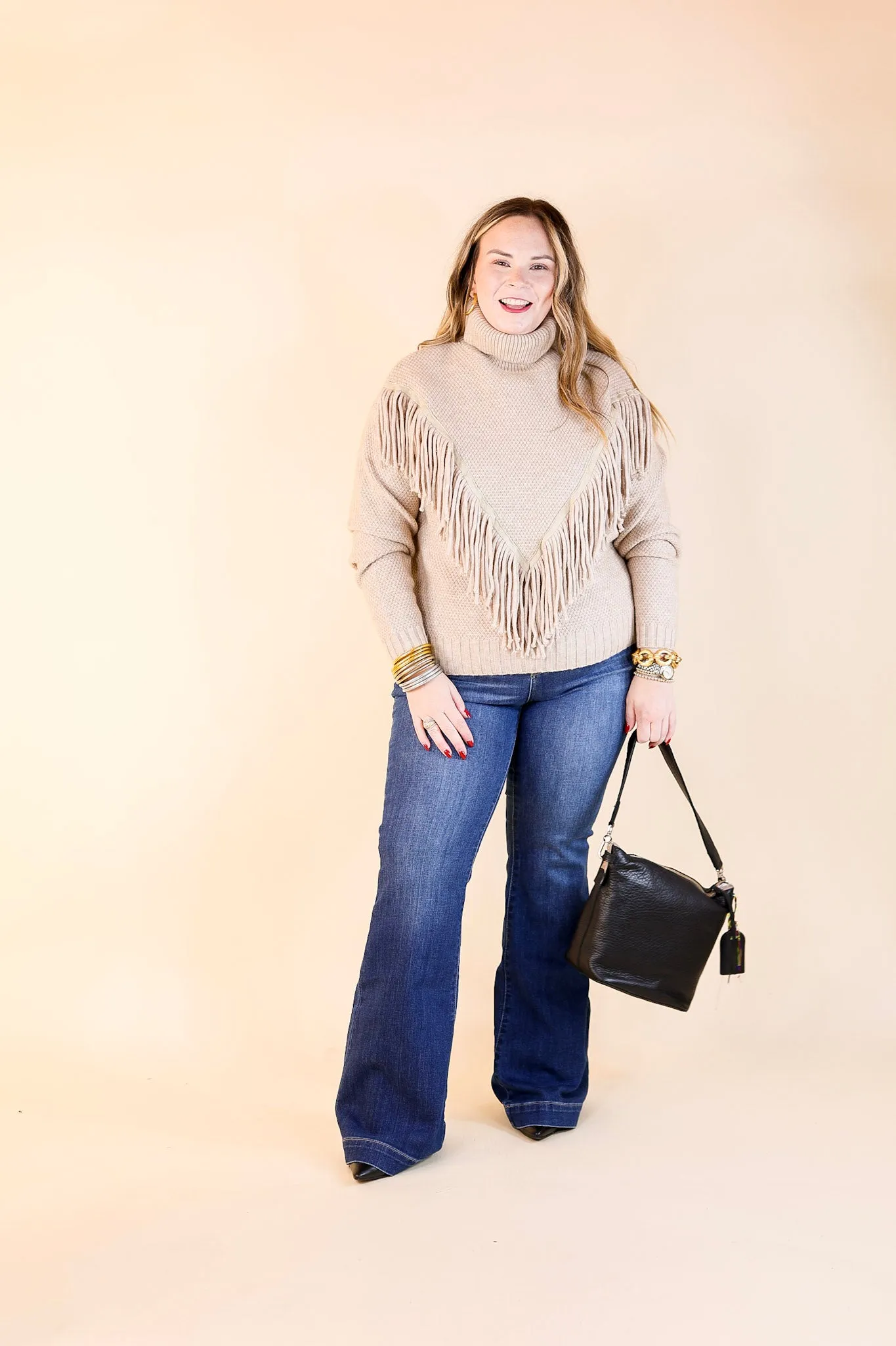 Snuggles And S'mores Turtle Neck Sweater with Fringe in Taupe