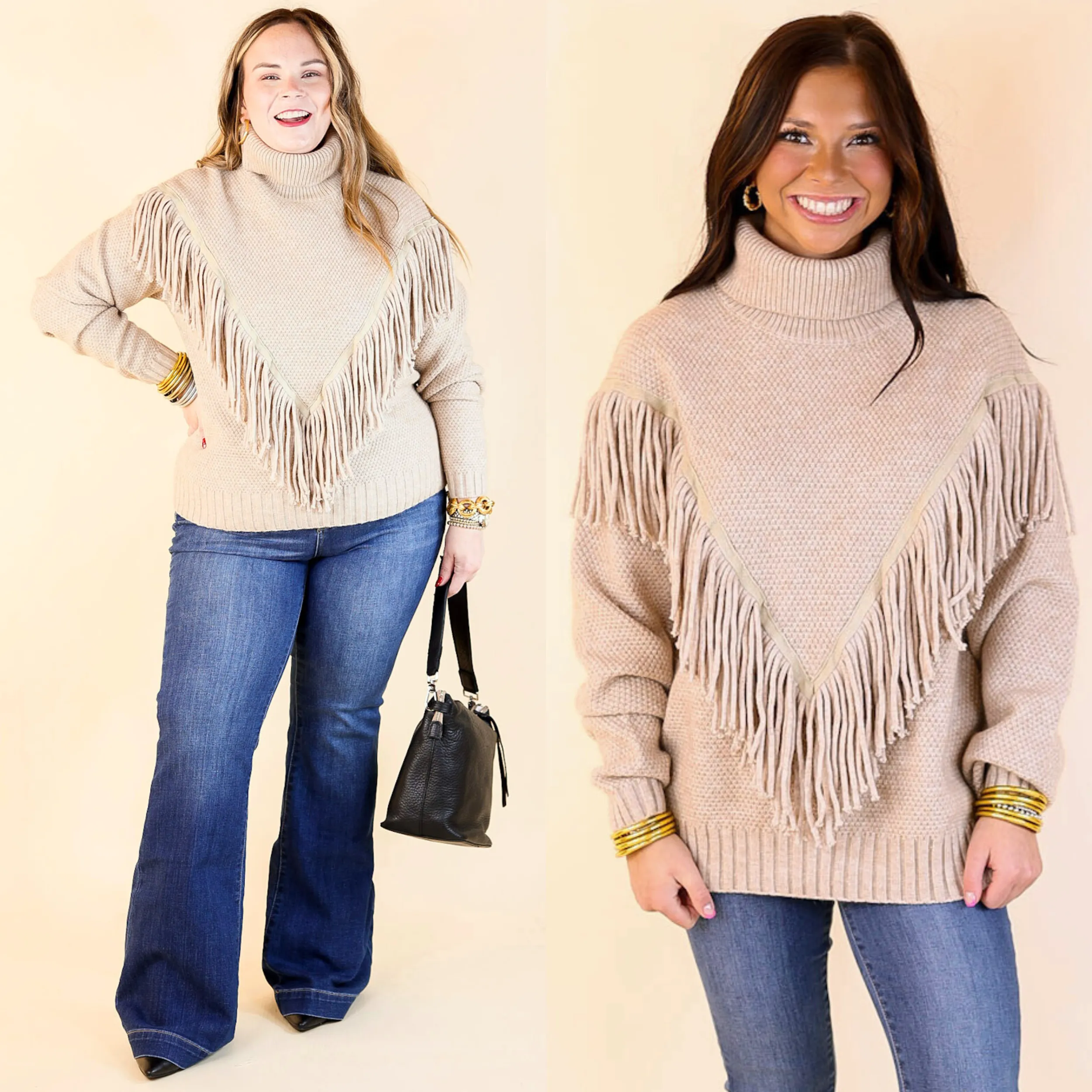 Snuggles And S'mores Turtle Neck Sweater with Fringe in Taupe