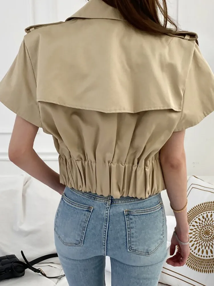 Solid Patchwork Double Breasted Casual Coats For Women Lapel Short Sleeve Spliced Folds Minimalist Coat Female