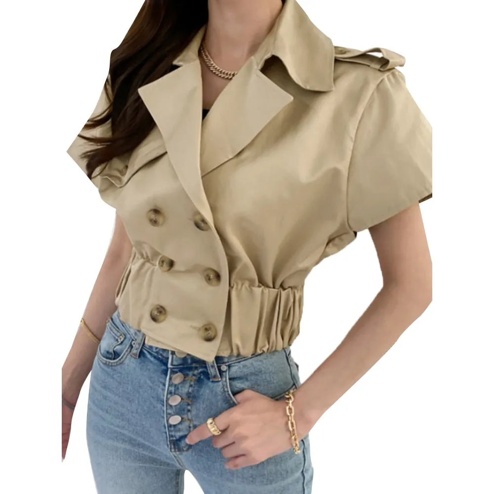 Solid Patchwork Double Breasted Casual Coats For Women Lapel Short Sleeve Spliced Folds Minimalist Coat Female